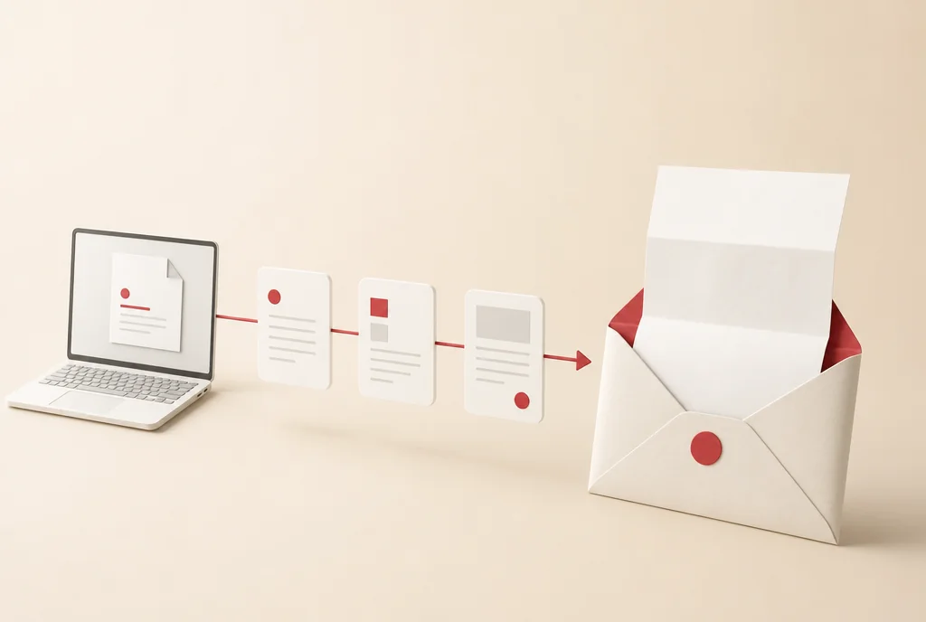Concept illustration of digital documents becoming a physical letter