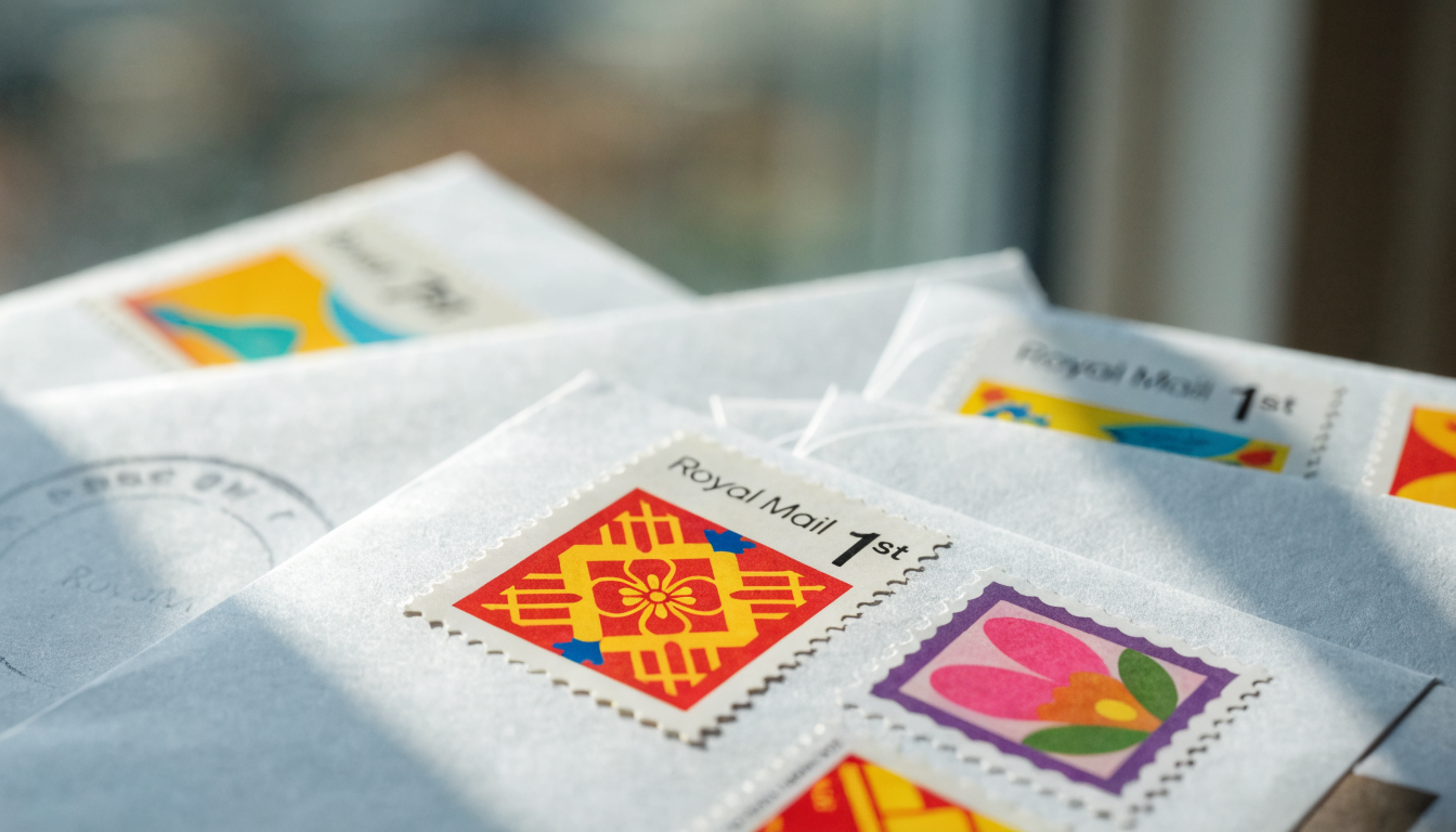 Close-up of colourful Royal Mail postage stamps on white envelopes
