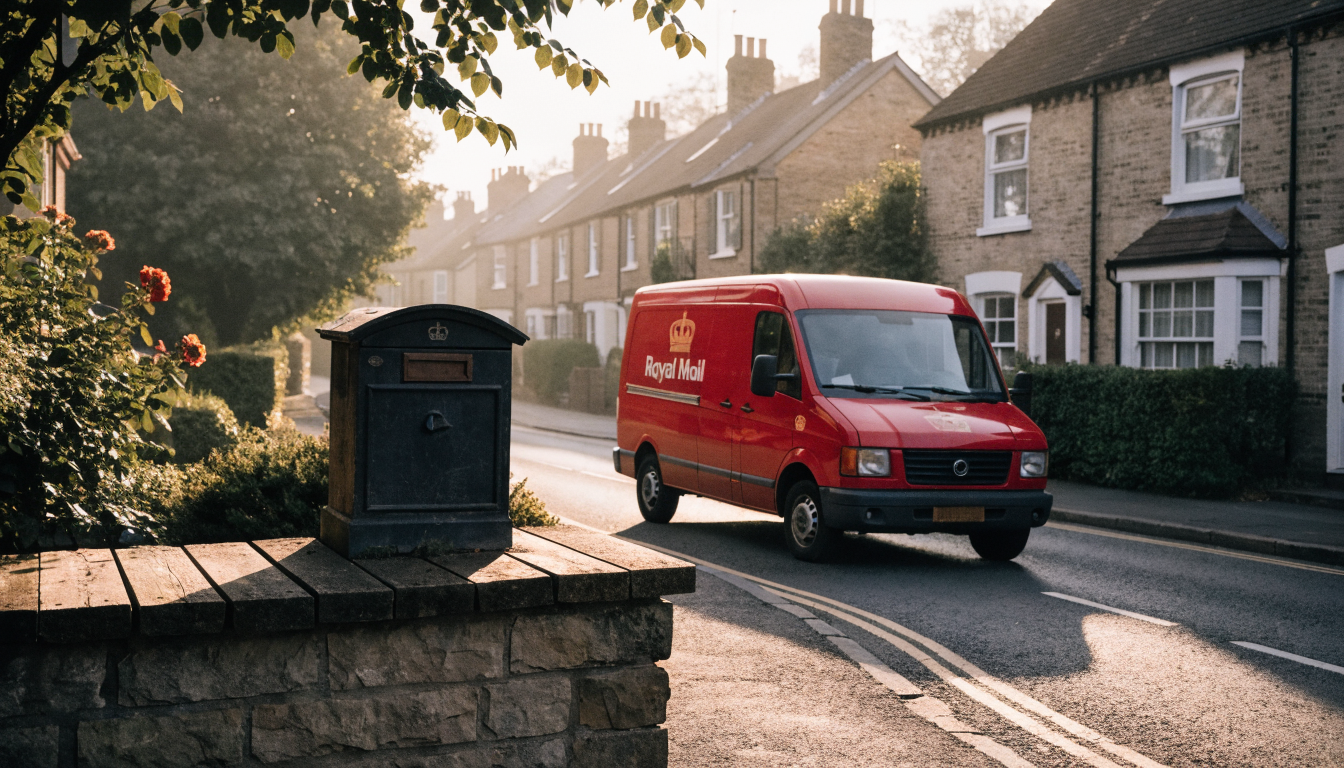Royal Mail red post van on a quiet UK residential street in the morning