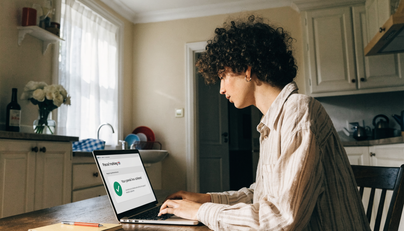 Person at a kitchen table using a laptop to check Royal Mail letter tracking