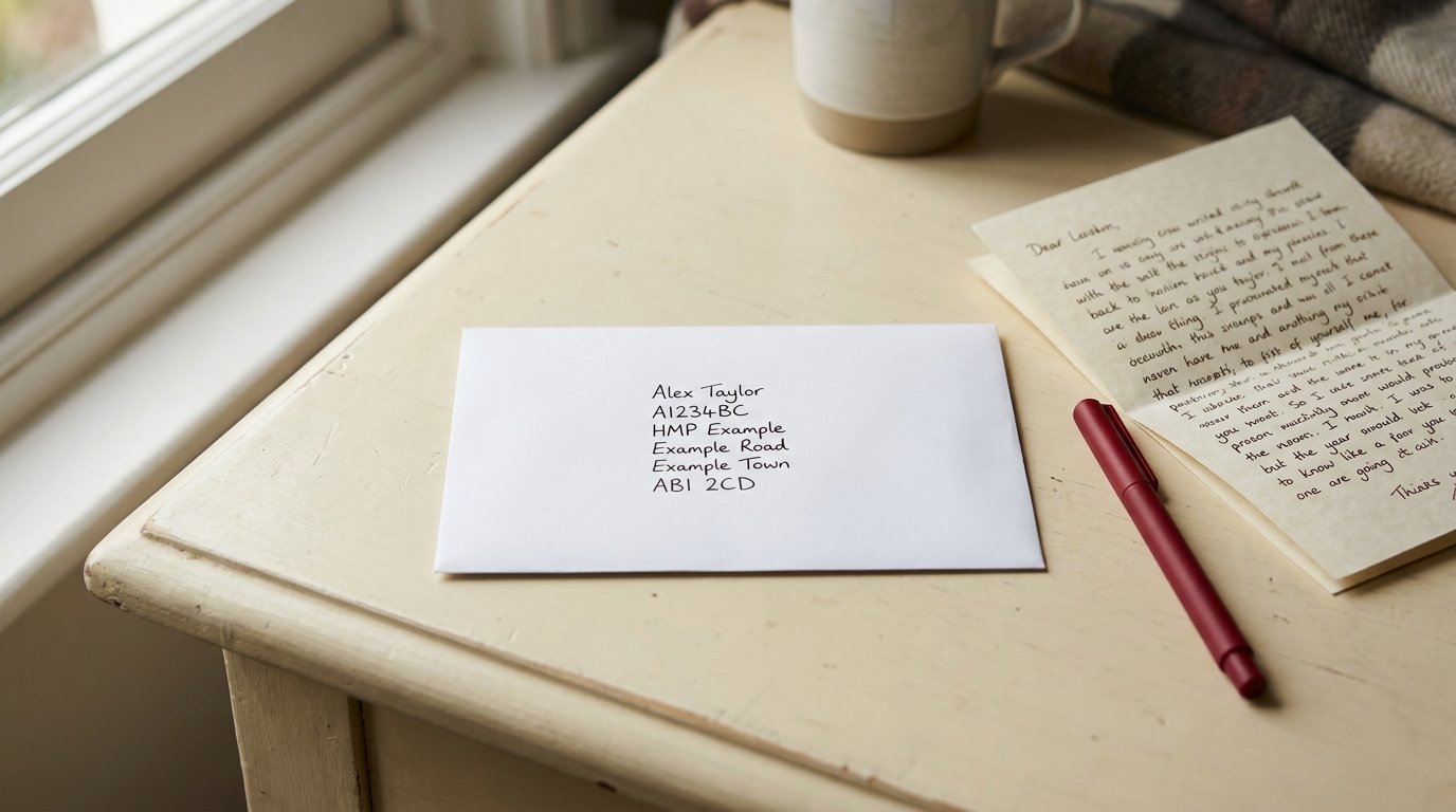 Envelope addressed to a prisoner with name, prisoner number and HMP address