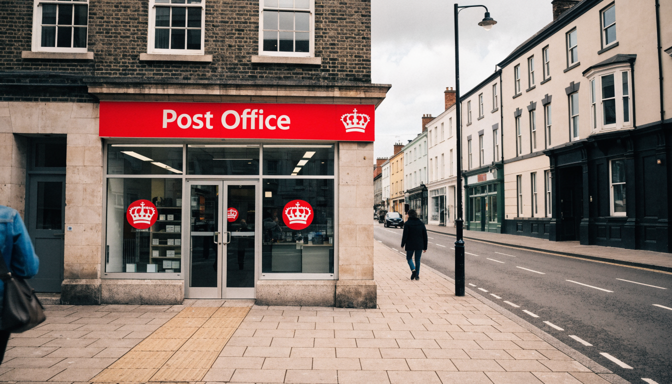 British Post Office branch on a high street with red and white signage