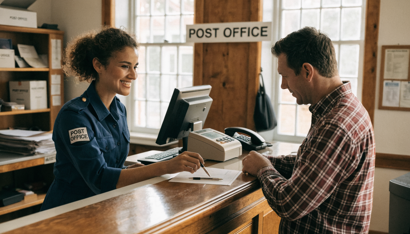 Post office counter with postal worker handing a signed delivery receipt to a customer