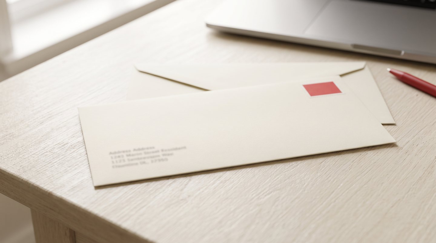 Illustrative cream envelope with a left-aligned address area, red postage detail and a laptop on a desk