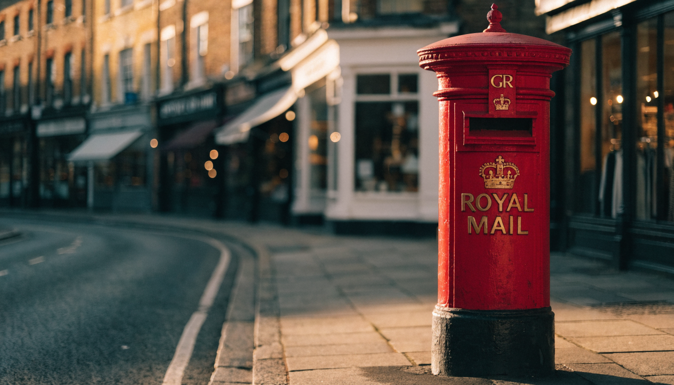 Red Royal Mail pillar box on a British high street