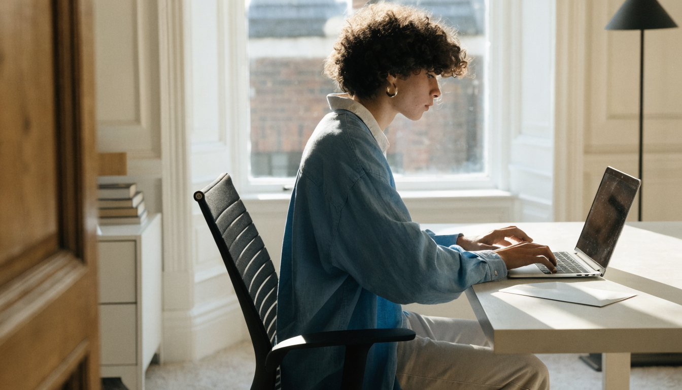 Person at a laptop with an envelope on the desk, sending a letter online