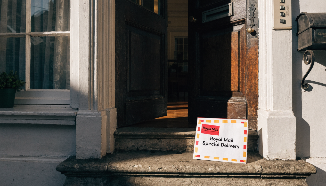 Royal Mail Special Delivery envelope on a UK doorstep in crisp morning light