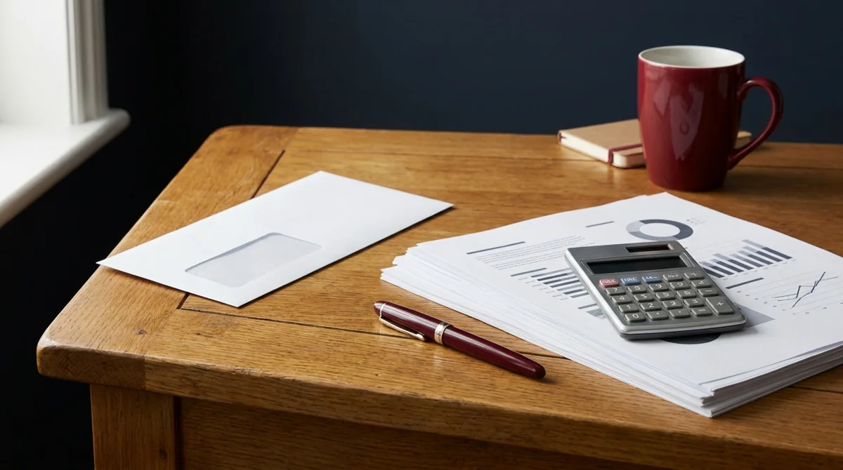 Illustrative business correspondence with a plain envelope, calculator and burgundy pen
