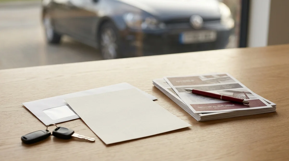 Illustrative parking correspondence with a plain envelope, supporting papers and a car key
