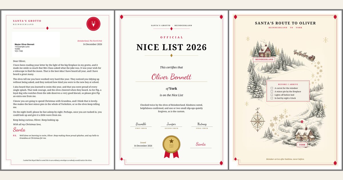 Three colour pages of a personalised letter from Santa laid out beside a cream envelope