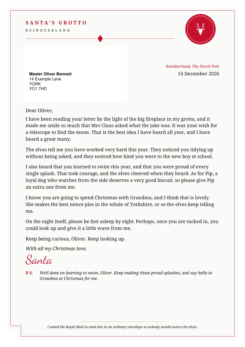 Page one of a letter from Santa on cream stationery, replying to a child by name
