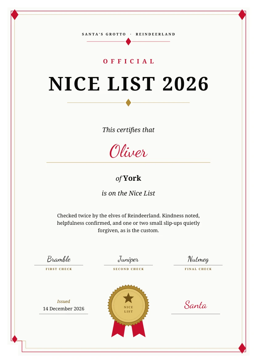 Page two: a Nice List certificate with the child's name and a red script signature