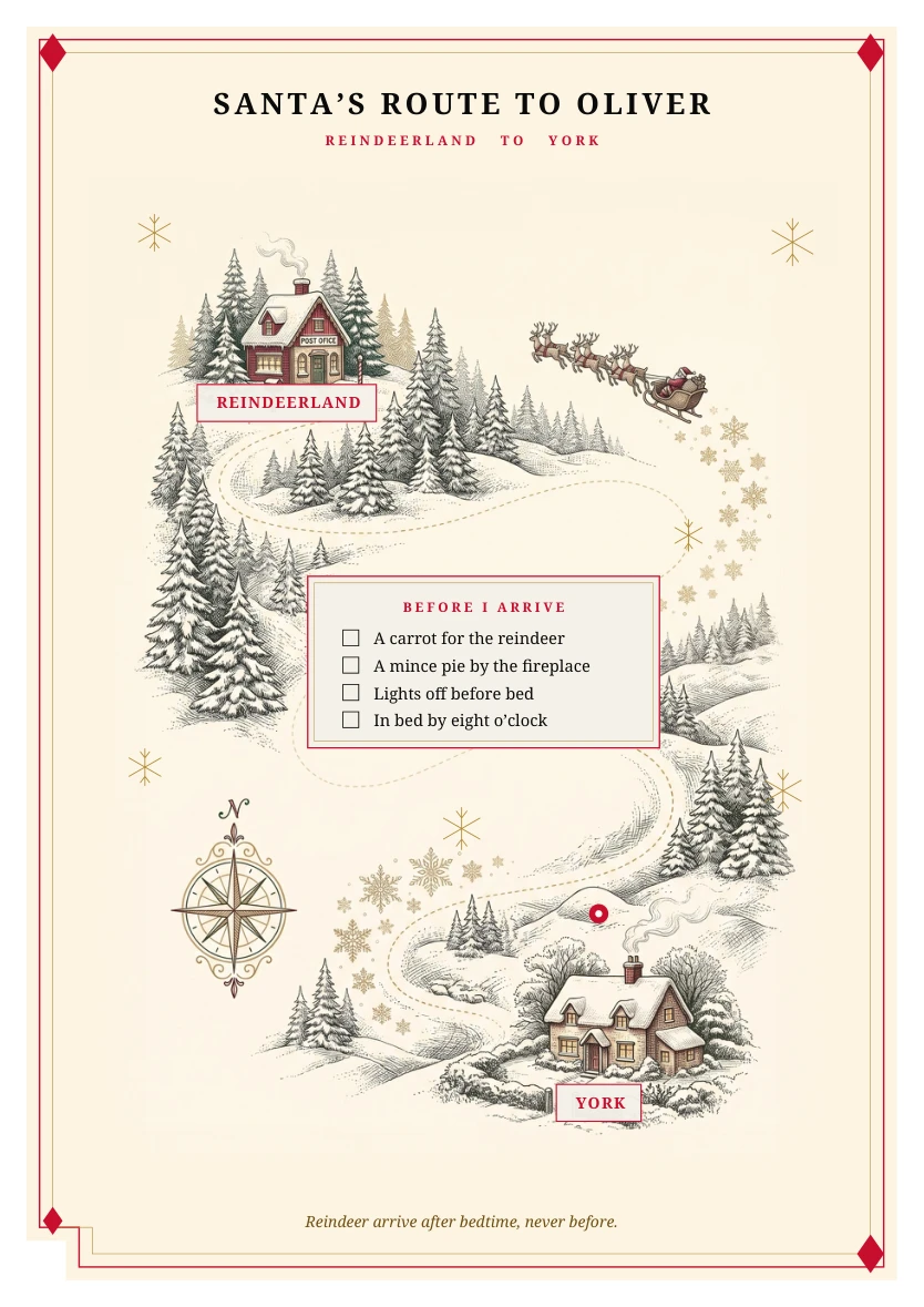 Page three: an illustrated map of Santa's route from Reindeerland to the child's town